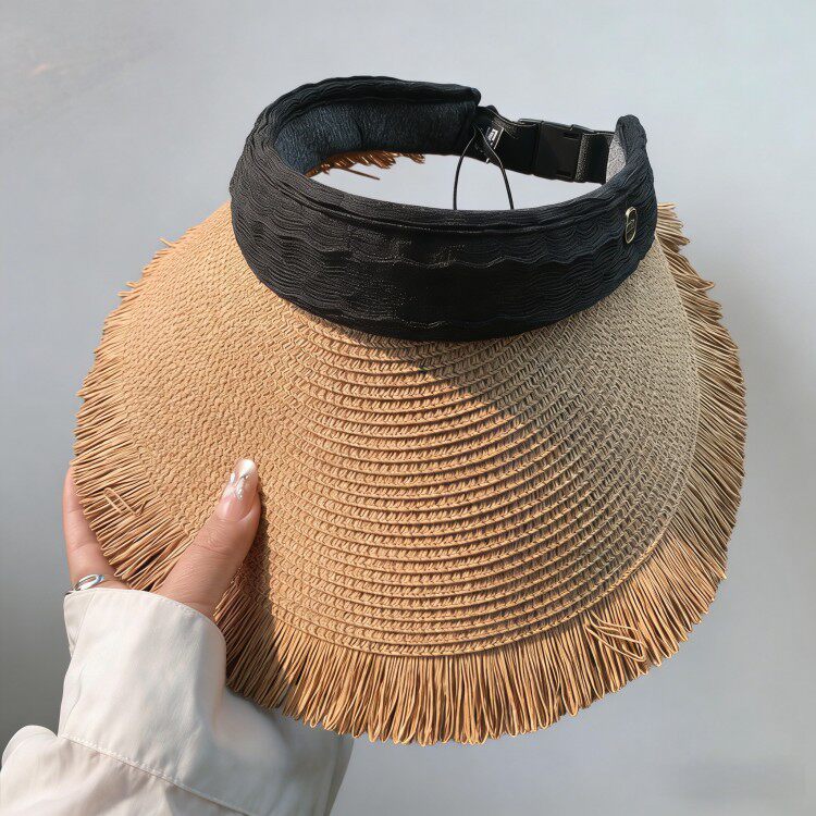 法国DRCO新款防晒遮阳草编空顶帽女夏季大帽檐百搭流苏可折叠草帽