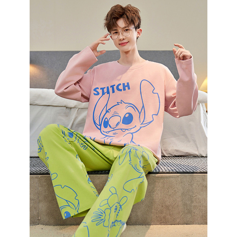 日本GP纯棉长袖睡衣男士秋季卡通青少年圆领大码可外穿家居服套装