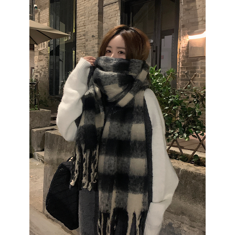 法国Coor Keva黑灰格子围巾女保暖加厚针织披肩围脖两用秋冬复古