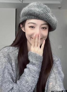 Mad Cortes[设计师]马海毛针织贝雷帽女秋冬大头围复古羊毛画家帽