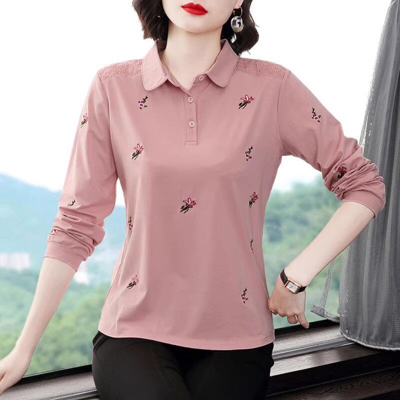 春秋季纯棉长袖t恤女中老年宽松休闲翻领上衣妈妈减龄内搭打底衫