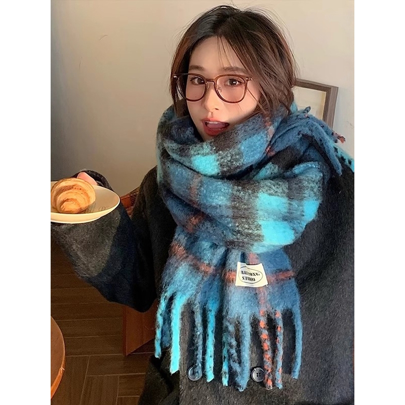 法国Coor Keva清冷海冰蓝格子加厚围巾冬保暖女百搭氛围感蓝围脖