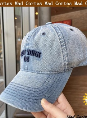 Mad Cortes日本蓝色软顶字母牛仔棒球帽复古遮阳鸭舌帽防晒帽子女