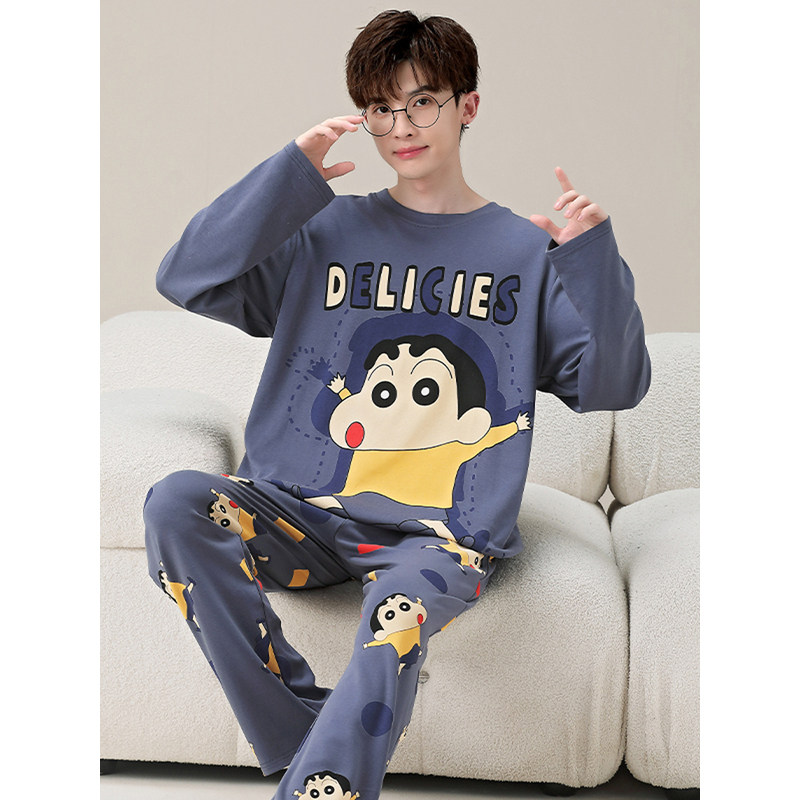 日本GP纯棉长袖男士睡衣秋季卡通薄款宽松青少年可外穿家居服套装