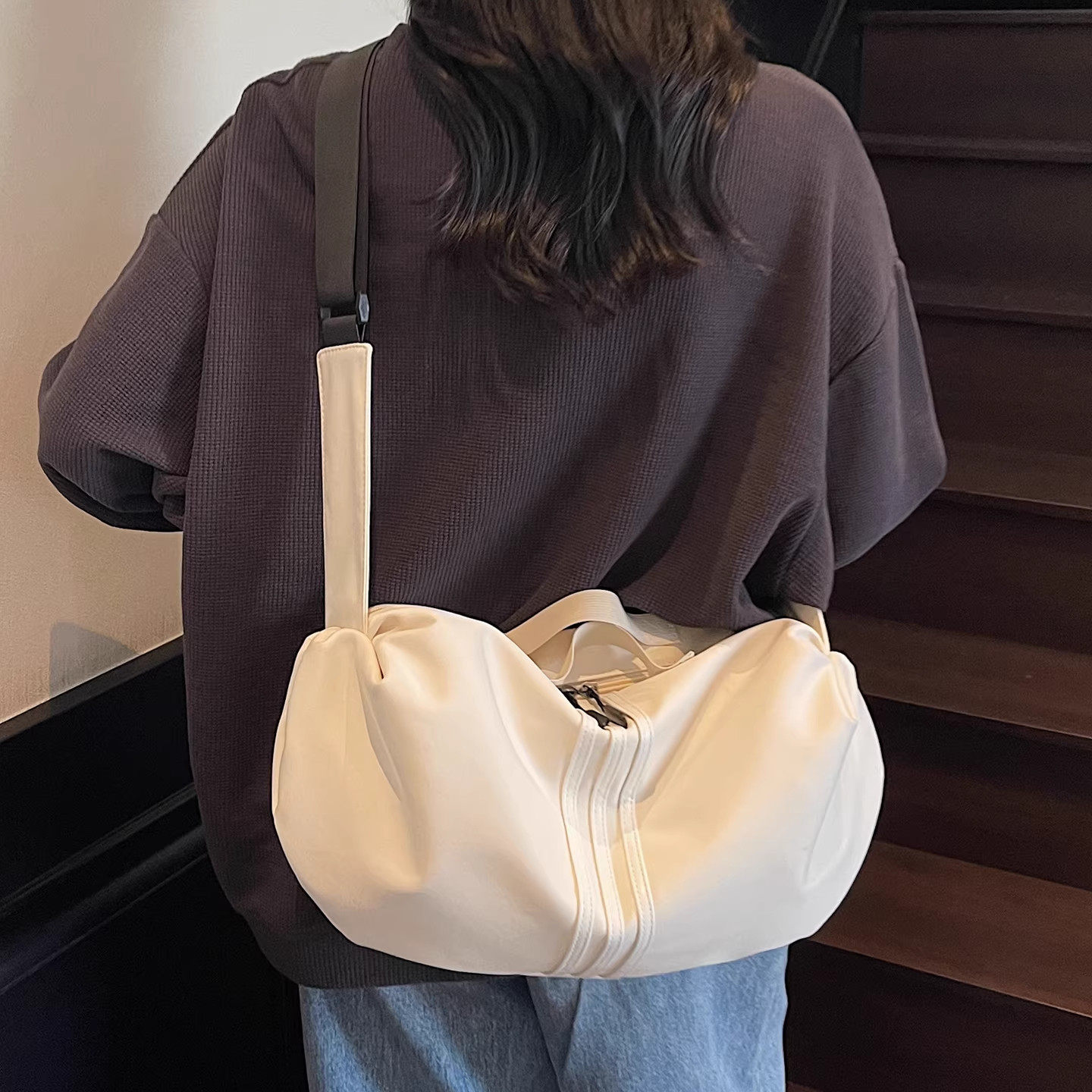 Mad Cortes高级感简约条纹帆布包包女夏季斜挎包大容量手提旅行包