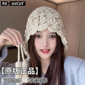 UVCUT流苏钩花双层包头帽子女秋冬麦穗时尚 潮流手工针织毛线帽