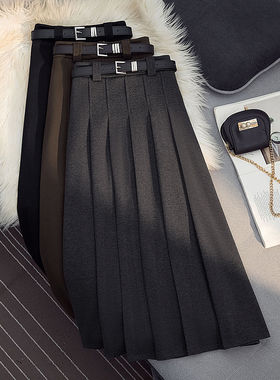 灰色西装百褶过膝半身裙女2024春秋新款显瘦高腰a字中长款裙子