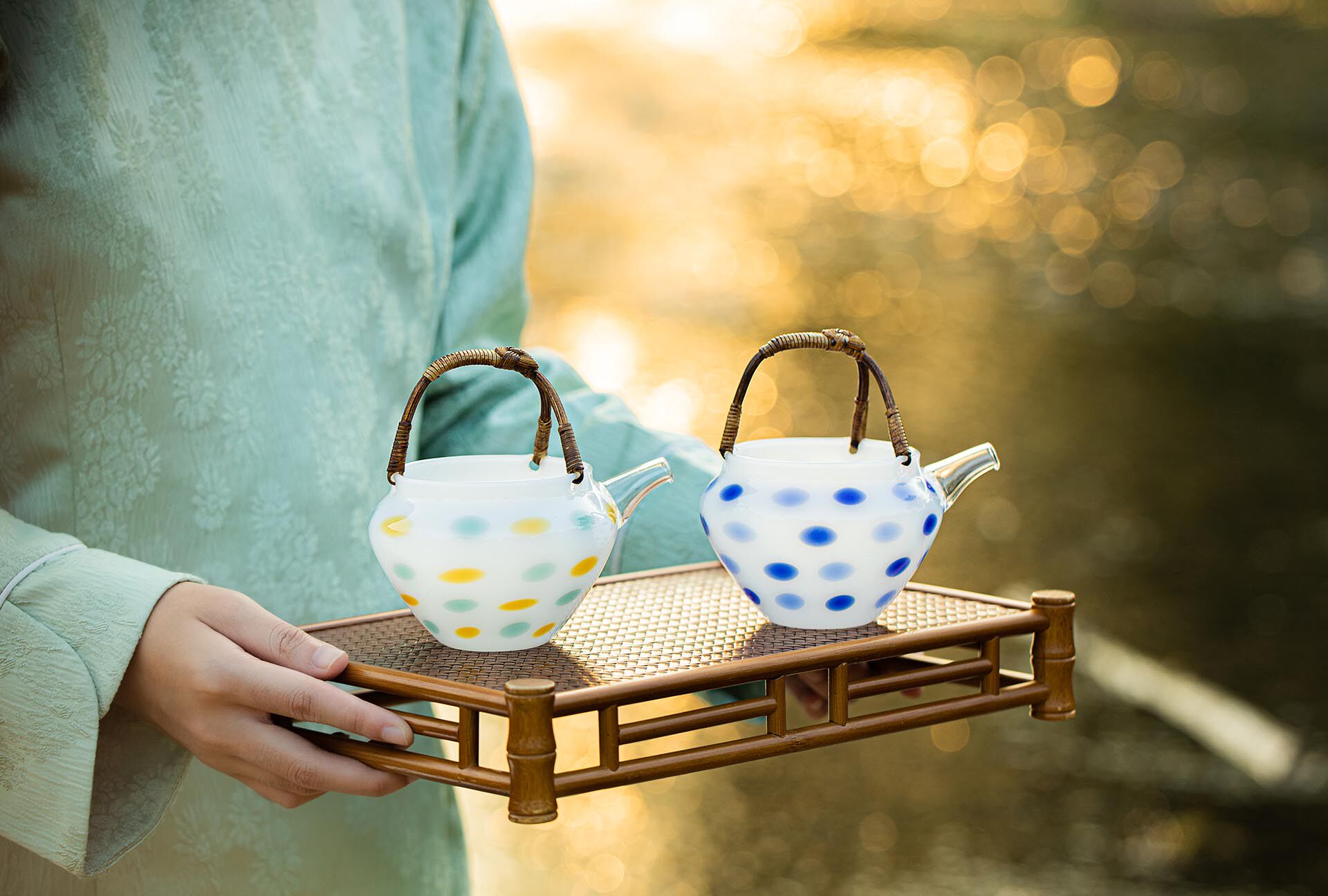 玉见玻璃公杯玉汝藤编提梁分茶器高硼硅玻璃小茶壶200ml