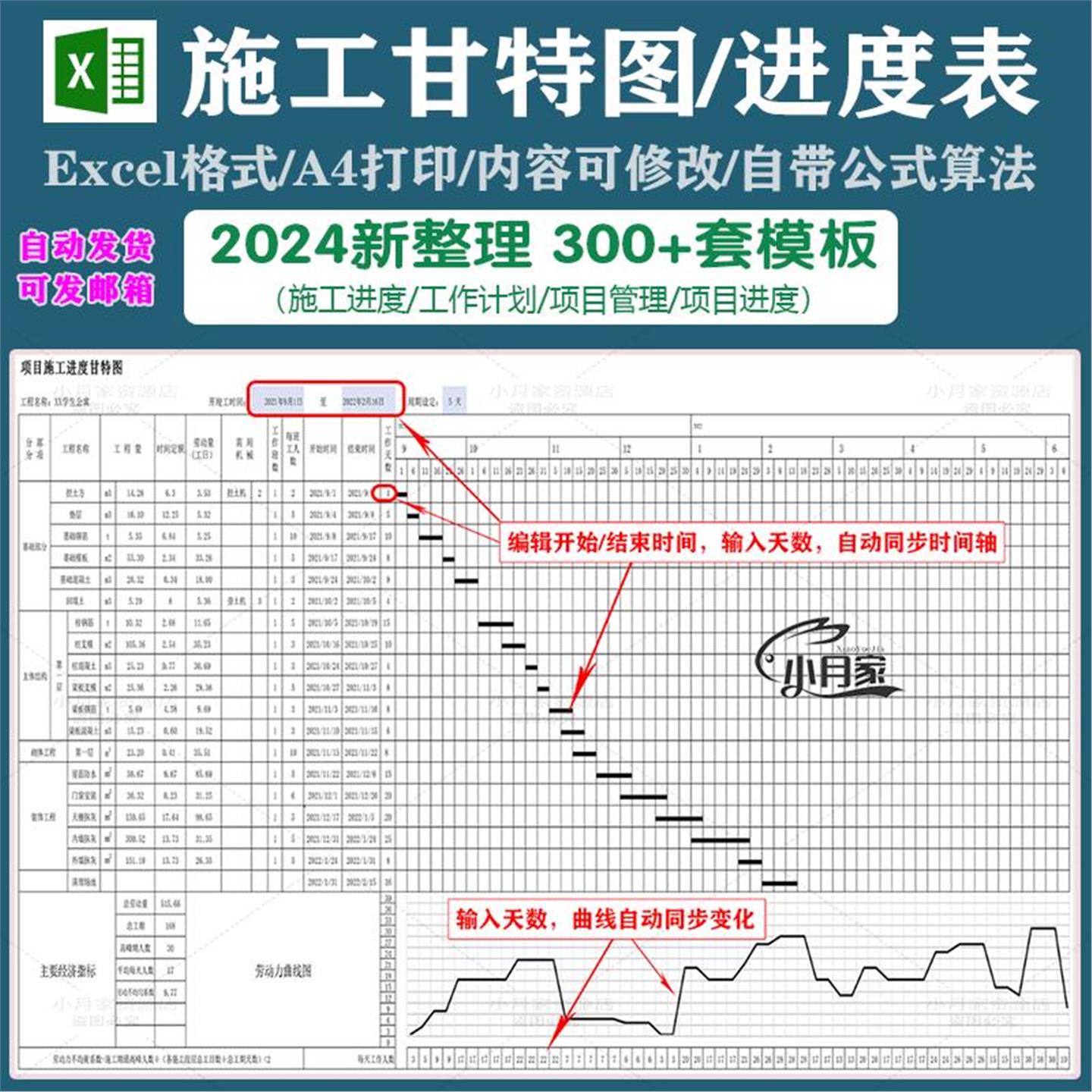 Excel施工进度计划横道图自动生成项目管理进度表甘特图软件模板