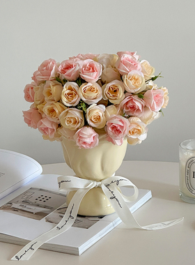法式玫瑰花仿真花假花塑料花餐桌桌面摆件插花客厅装饰品陶瓷花瓶