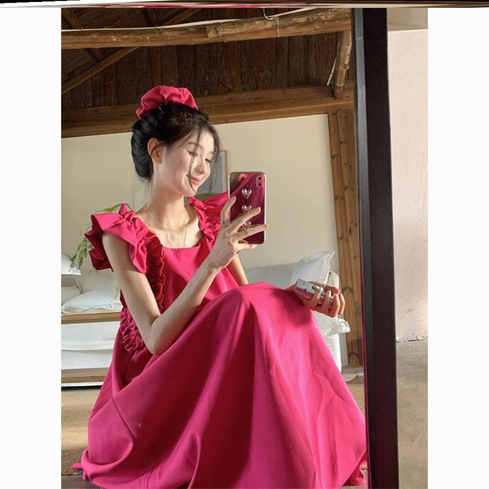 小飞袖玫红色无袖方领连衣裙女夏季2024新款性感露背修身显瘦裙子