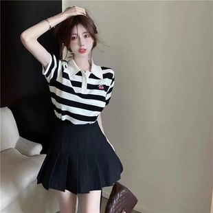 女网红清纯甜美小个子俏皮活泼穿搭两件套夏 条纹t恤百褶短裙套装