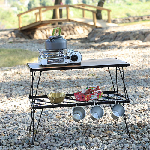 户外多功能折叠网桌烧烤野营便携竹板桌露营野餐餐具沥水架网格桌