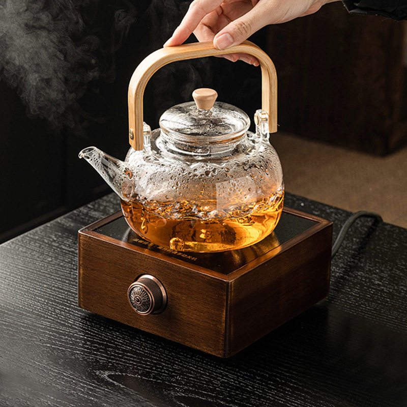 胡桃木电陶炉家用室内小型煮茶器玻璃煮茶壶耐高温茶水分离提梁壶