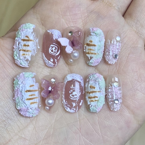 蝴蝶复古油画磨砂砂糖手绘显白高级精致纯手工穿戴甲短椭（全码）
