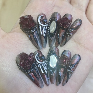 xs码长尖暗夜玫瑰雕花小镜子显白暗黑重工设计款穿戴甲(孤品)