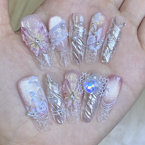 m码长度3.0立体捏花雕花手绘印花仙气精致高级穿戴甲（孤品）