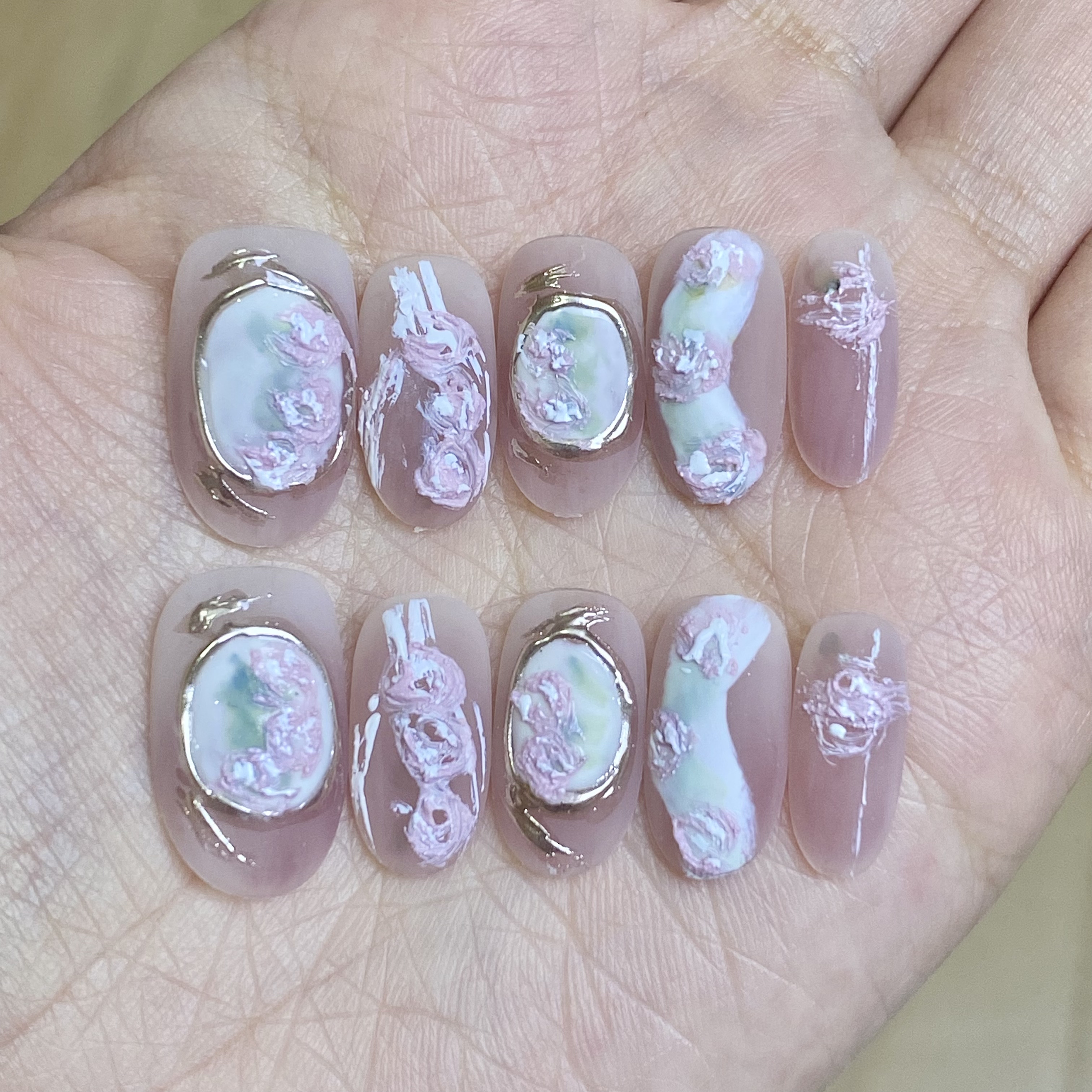 花道复古油画磨砂手绘显白高级精穿戴甲/甲片