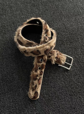 Vanan棕色毛绒豹纹腰带y2k时尚复古单品男女同款设计感金属针扣带