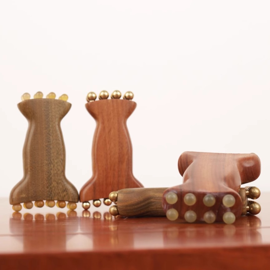 绿檀木红瑰宝金珠樽黄铜羊角按摩器面部筋膜提拉下颚线美容工具