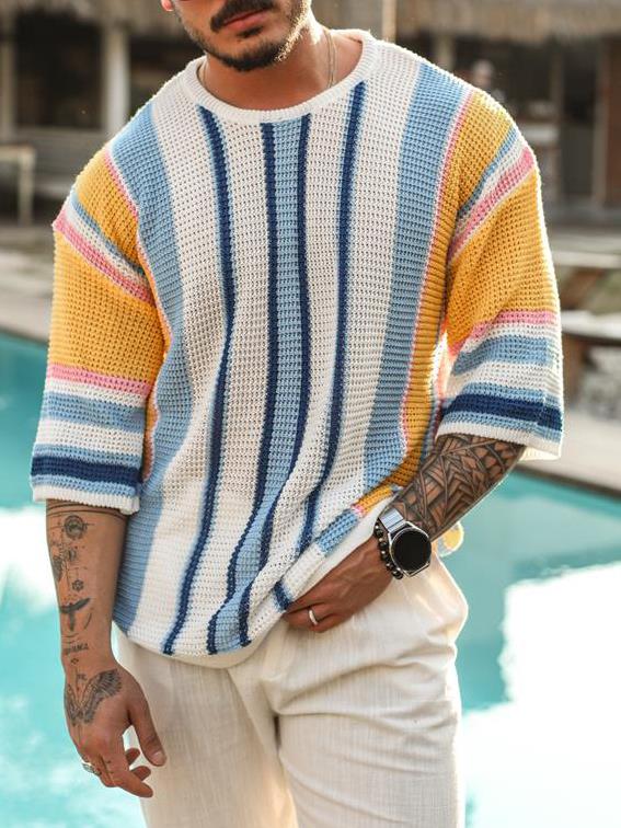 2023秋季宽松圆领中袖毛衣欧美男士大码条纹针织衫Men's knitwear