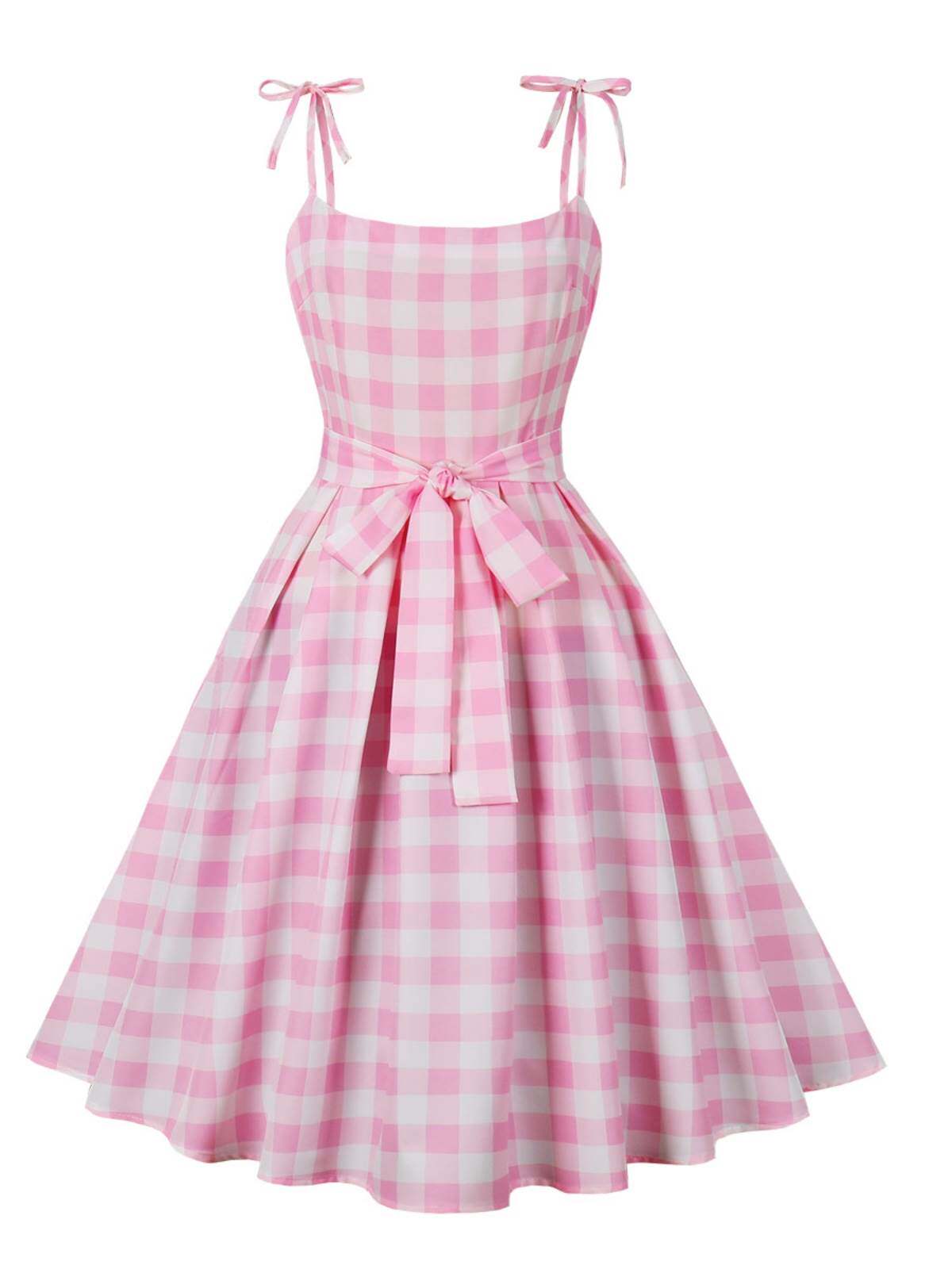 欧美夏季一字领学生甜美芭比粉红格子蝴蝶结修身大摆连衣裙DRESS