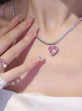 Peach Heart Necklace Pink Diamond Love Clavicular chain 项链