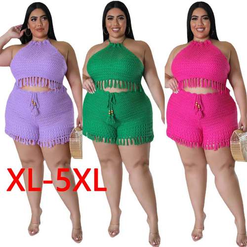 Tassel fishing net knitted plus size two-piece top pants set