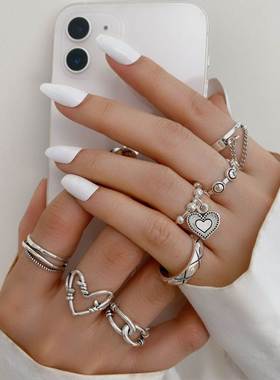 New Retro Chain rings Women's Joint Ring Set 爱心链条戒