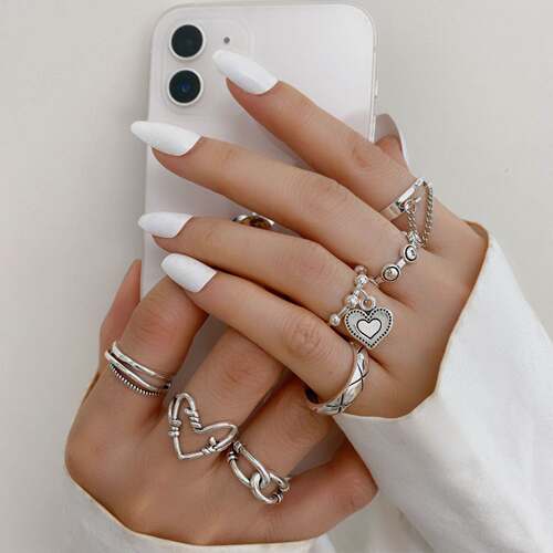 New Retro Chain rings Women's Joint Ring Set 爱心链条戒