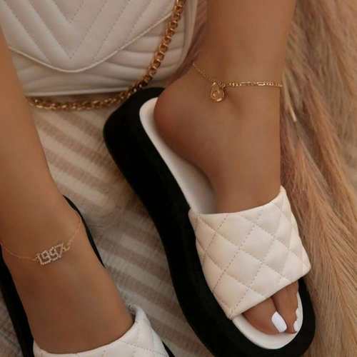 women shoes厚底凉拖鞋一字型套脚格子外贸休闲夏季外穿拖鞋2024