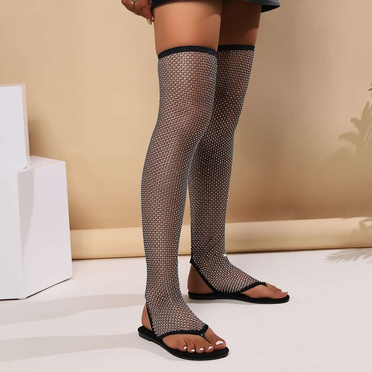 women shoes大码女士夹趾网布水钻高筒凉鞋过膝高筒性感凉鞋2024