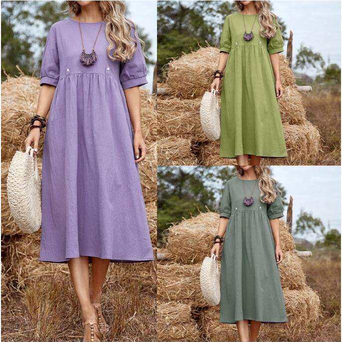 2024欧美新款纯色宽松腰中长裙棉麻棉连衣裙women clothes