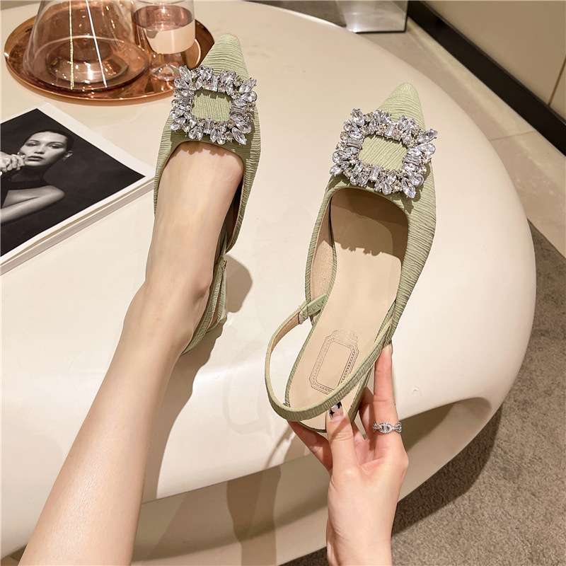 women shoes法式复古单鞋晚晚风气质名媛水钻方扣后拉带凉鞋2024