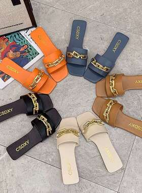 women shoes35-42大码凉拖鞋女夏季新款一字型金属链外穿时尚2024