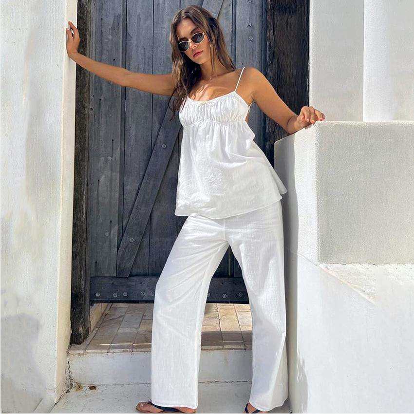 2024带露背白色套装春夏新款小众高腰吊带长裤女装women clothes