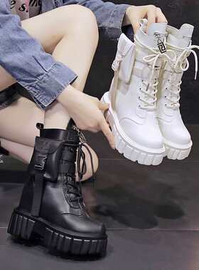 women shoes子女新款秋季内增高中筒靴小个子时尚粗跟机车靴2024