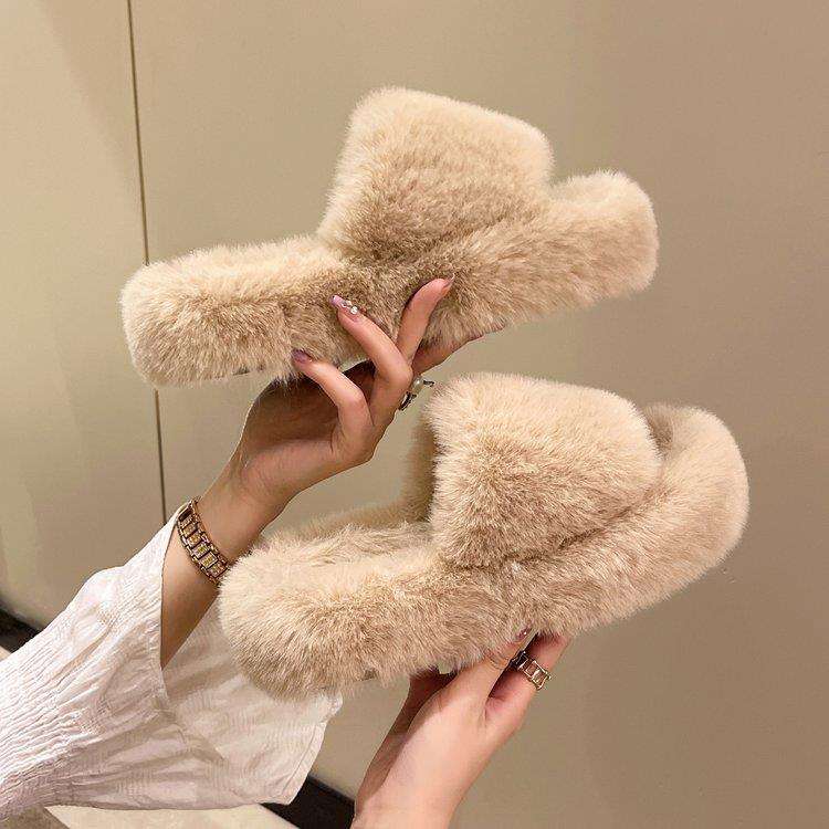 women shoes冬棉拖鞋毛绒女士家居外穿厚底一字套脚毛绒棉拖2024