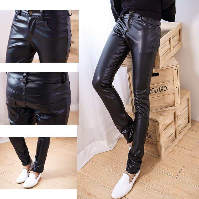 men clothes皮裤韩版修身小脚裤男PU皮长裤休闲男装裤子可1件2024