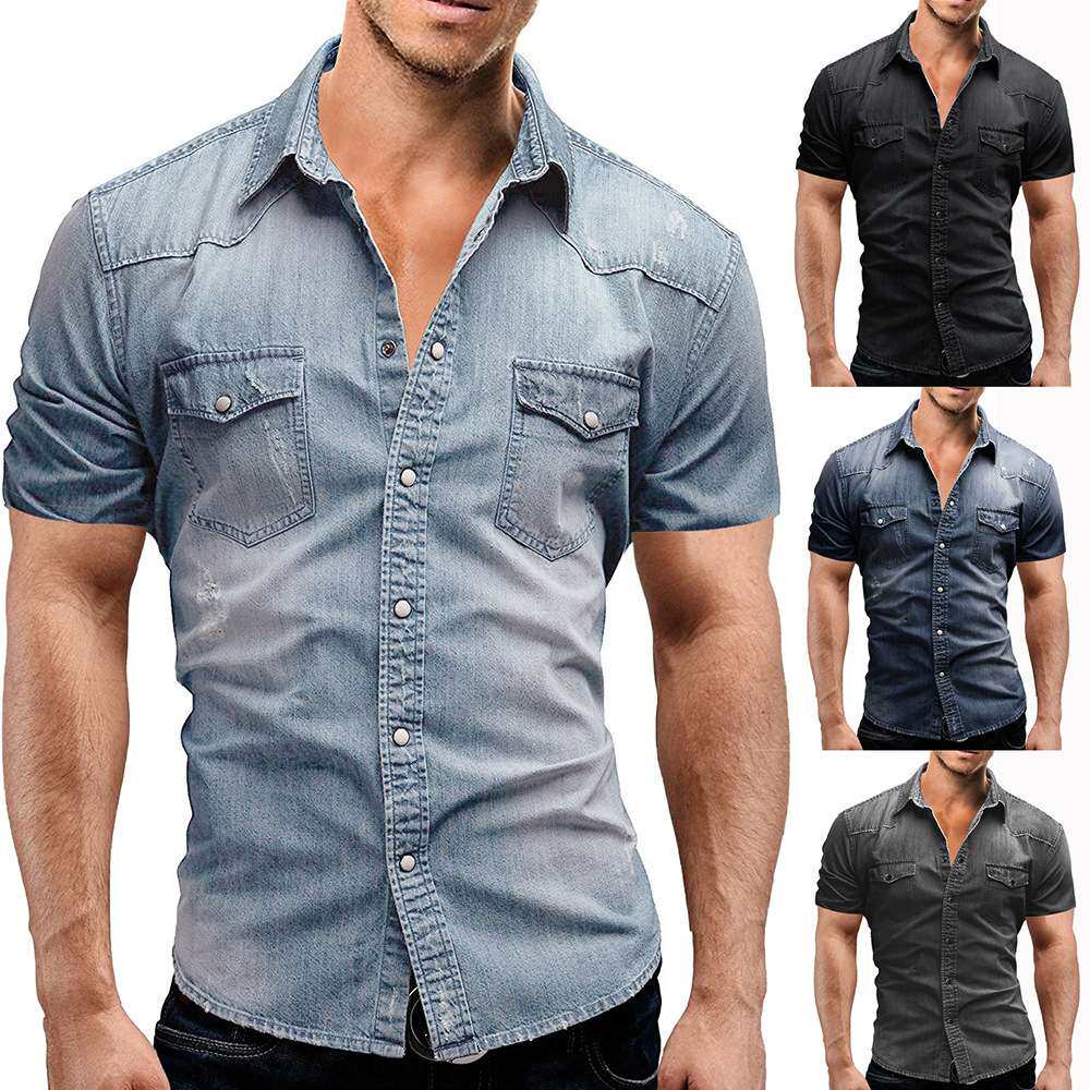 men clothes新款休闲纯色男士牛仔短袖衬衫休闲大码设计师款2024