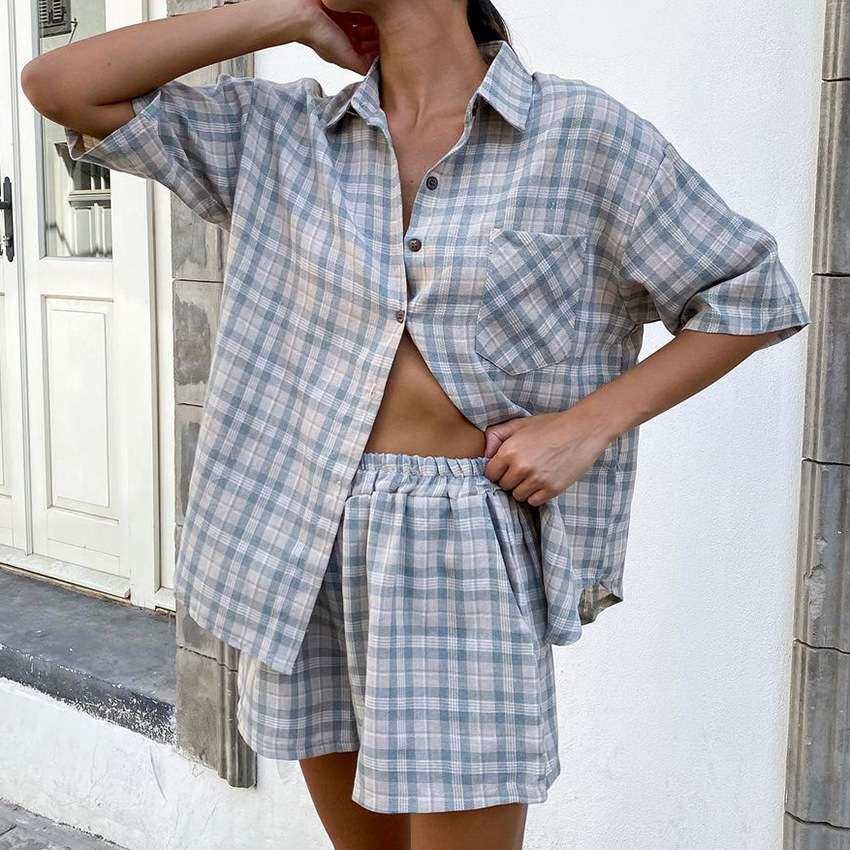 2024装格子短袖短裤两件套年夏季新款小清新风女装women clothes