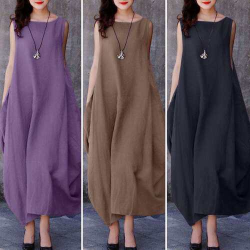 2024新款chic风圆领无袖洋气侧面大皱褶口袋连衣裙women clothes