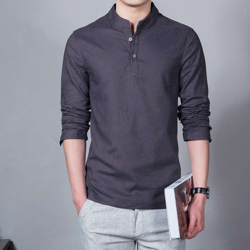 men clothes商务休闲棉春款衬衣麻布复古衬衫男怀旧流行衬衫2024