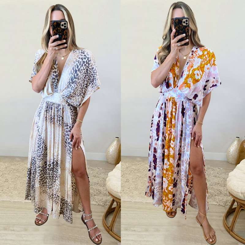 2024欧美外贸新款蝙蝠袖v领印花沙滩连衣裙性感长裙women clothes
