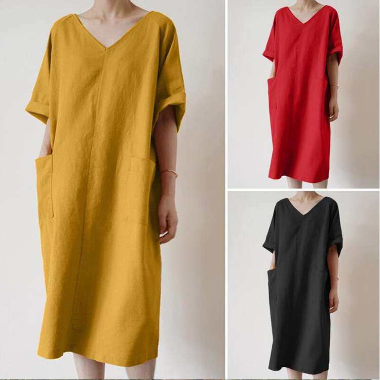 2024古连衣裙女棉休闲纯色长款太阳裙女宽松V领睡袍women clothes