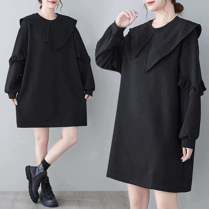 2024款韩版大码荷叶边宽松设计感长袖中长款T恤裙女women clothes