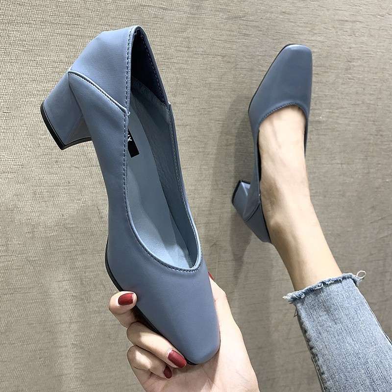 women shoes单鞋女鞋子潮鞋中跟性感时尚单鞋方头粗跟奶奶鞋2024
