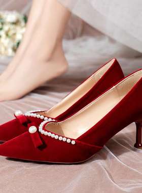 women shoes红色高跟鞋女新款春季绒面珍珠伴娘浅口单鞋大码2024