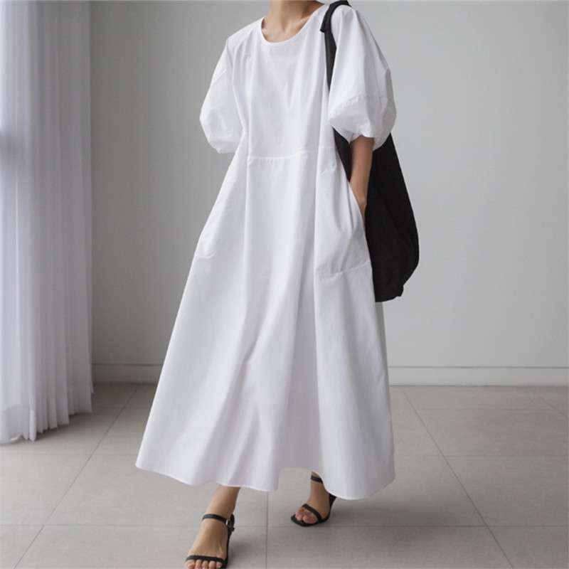 2024女韩版宽松大码小清新娃娃裙灯笼袖棉麻连衣裙women clothes