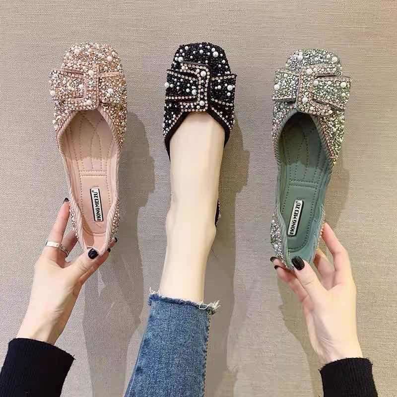 women shoes款珍珠水钻浅口方头单鞋平底气质网红豆豆鞋子潮2024